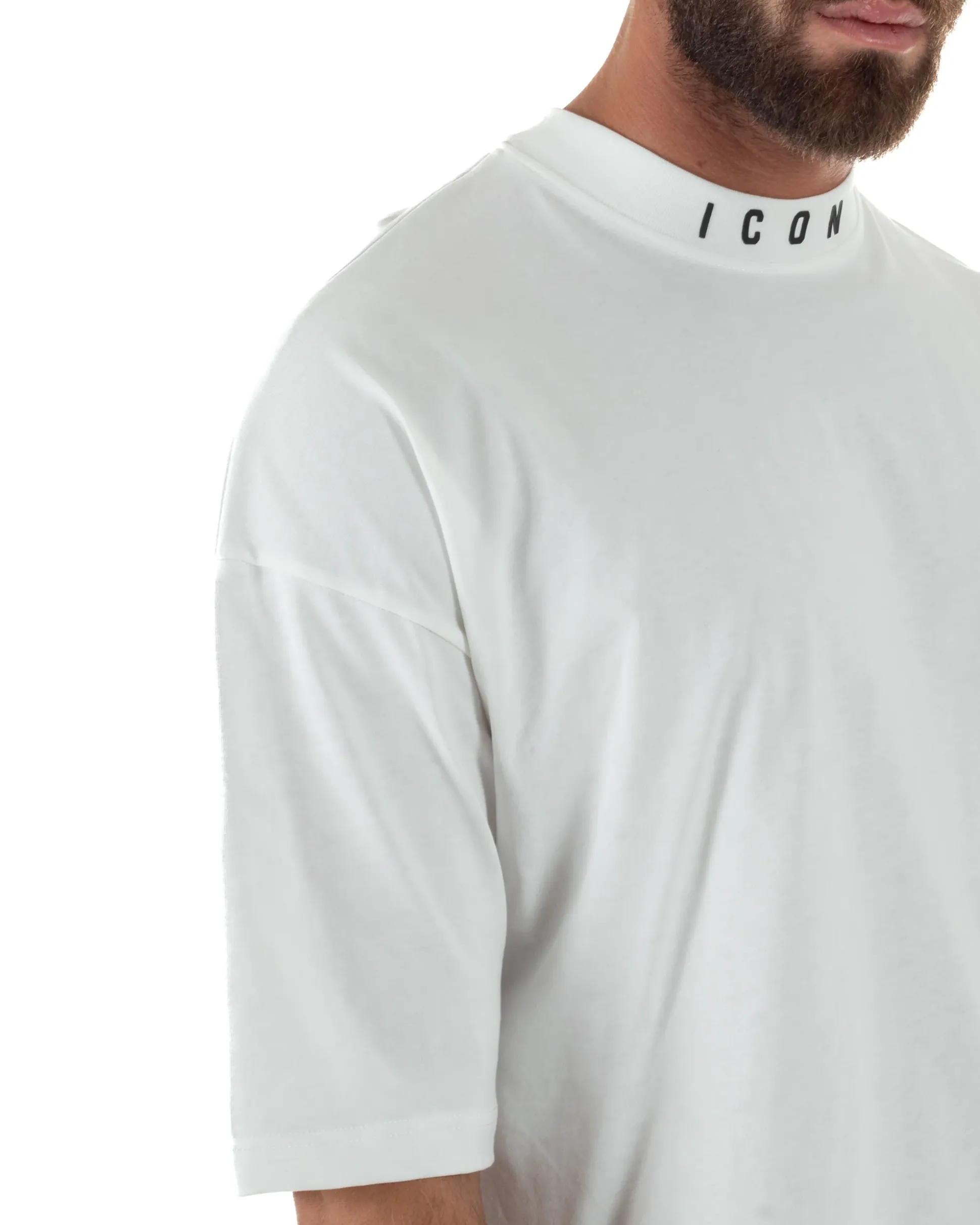 T-shirt Uomo Mezzo Collo Stampa Basic Oversize Gola Alta Bianco ICON ICUF2W6T007