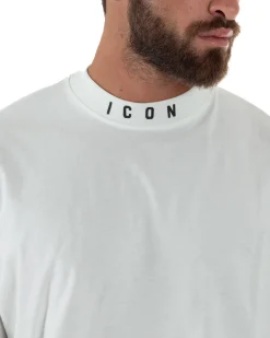 T-shirt Uomo Mezzo Collo Stampa Basic Oversize Gola Alta Bianco ICON ICUF2W6T007
