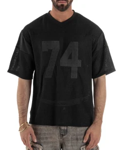 T-shirt uomo oversize football jersey scollo v traforata nero GIOSAL-TS3259A