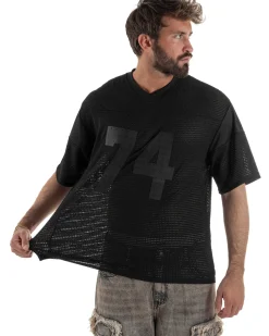 T-shirt uomo oversize football jersey scollo v traforata nero GIOSAL-TS3259A