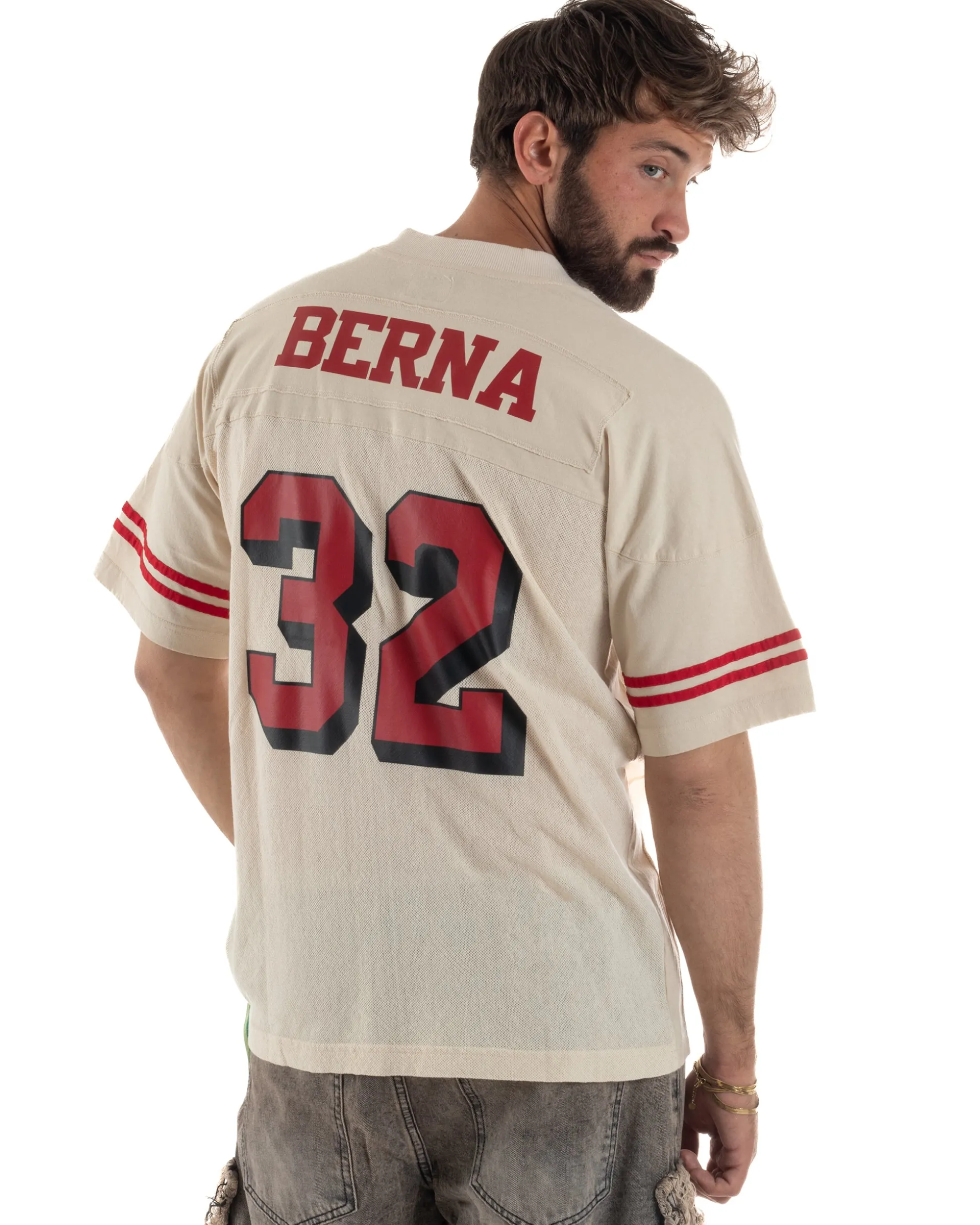 T-shirt uomo vintage football jersey scollo v traforata panna BERNA M-261248