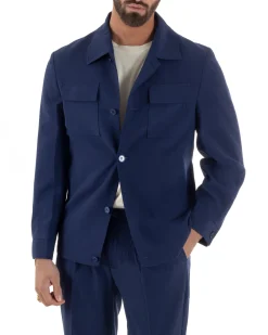 Vestito uomo viscosa completo giacca camicia sahariana pantaloni blu GIOSAL-AE1242A
